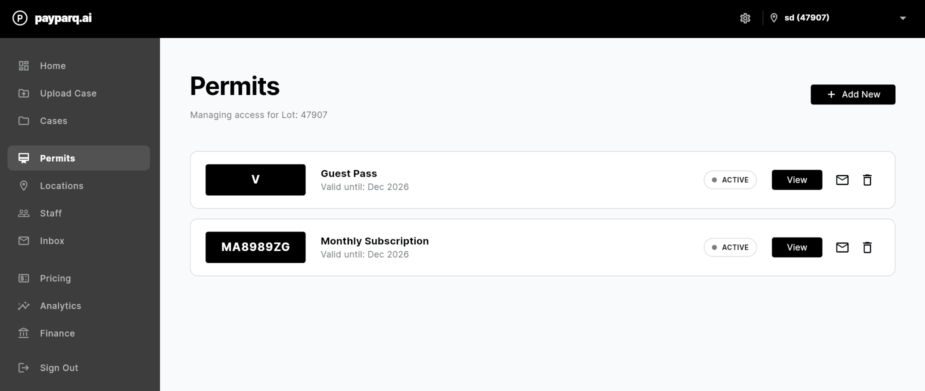 Permits dashboard showing active permits and actions
