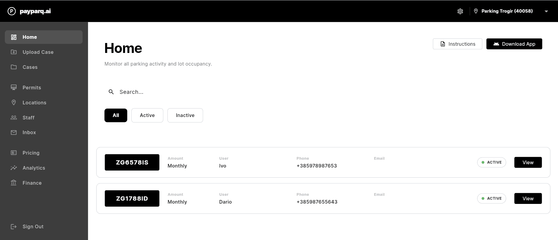 Driver profile and recent parking sessions
